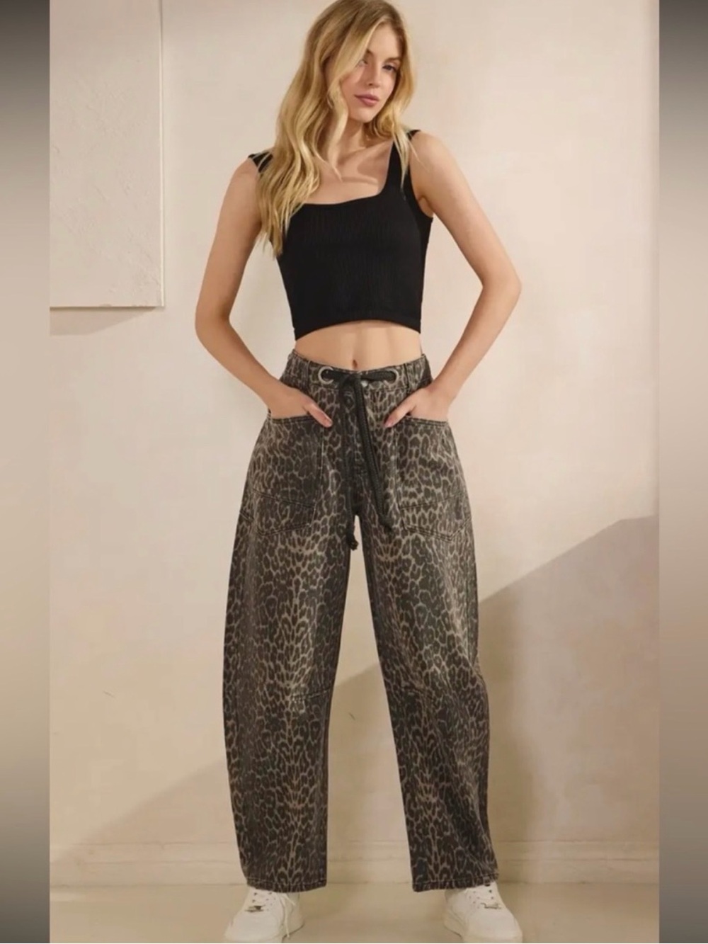 VEVERET Leopard Print Barrel Leg Drawstring Pants - Black/Brown/Grey - Picture 2 of 4